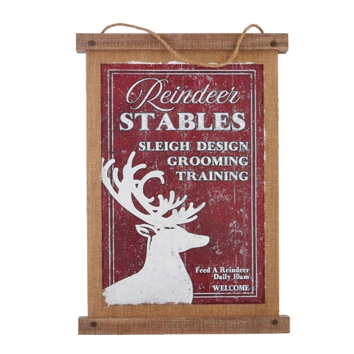 24" Reindeer Stables Printed Metal Backed Burlap Wall Art