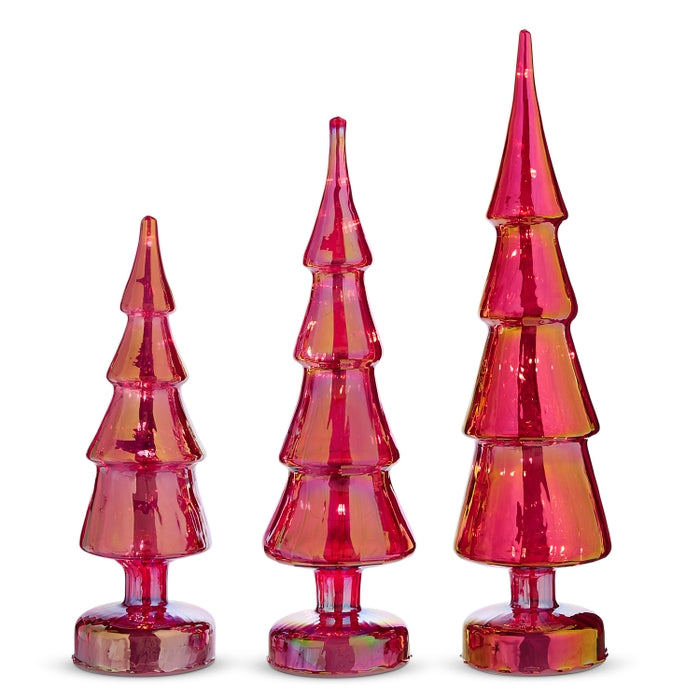 16" Lighted Red Iridescent Glass Trees