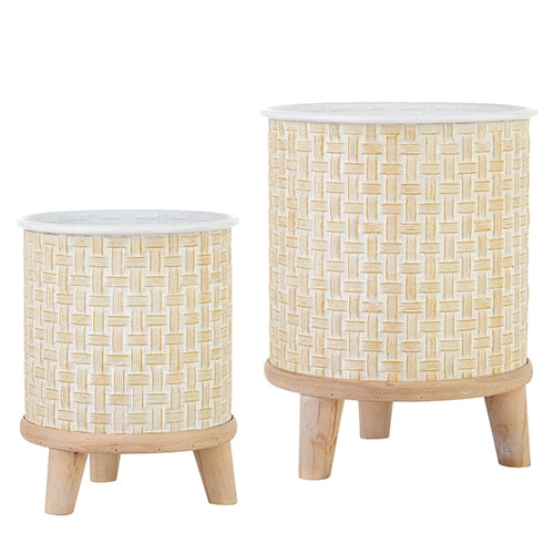 Set Of 2 Yellow 13.5" Woven Embossed Metal Buckets