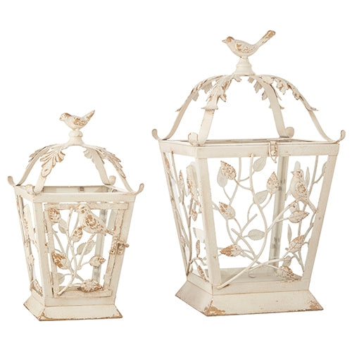 21" Birds on Branch Distressed White Lanterns
