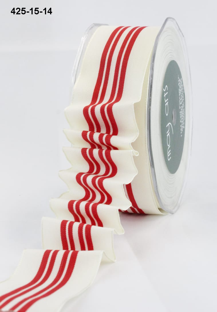 1.5 Inch Holiday Four Stripes Ribbon with Wired Edge – 425-15-14 Ivory/Red