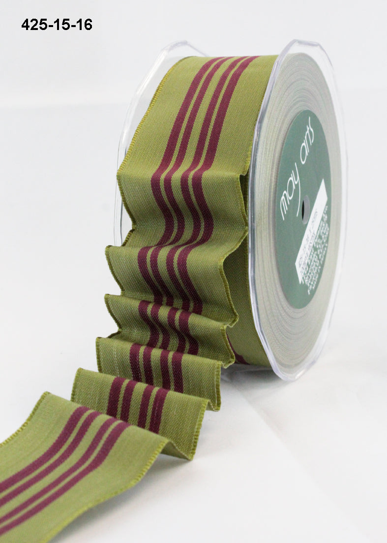 1.5 Inch Holiday Four Stripes Ribbon with Wired Edge – 425-15-16 Olive/Burgundy