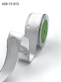 1.5 Inch Satin Metallic Reversible Ribbon with Woven Edge – 428-15-01S White/ Silver (NEW) 15yrds