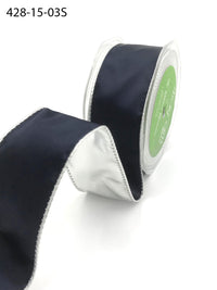 1.5 Inch Satin Metallic Reversible Ribbon with Woven Edge – 428-15-03S Navy/Silver (New) 15yrds