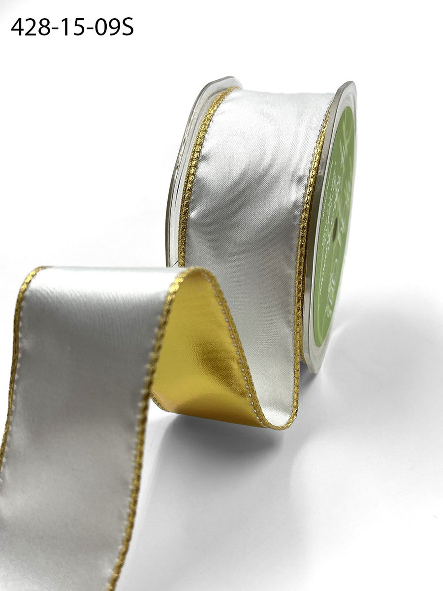 1.5 Inch Satin Metallic Reversible Ribbon with Woven Edge – 428-15-09S Ivory/Gold (New) 15yrds