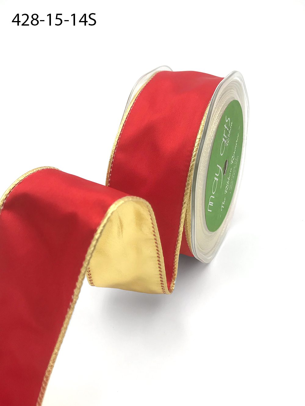 1.5 Inch Satin Metallic Reversible Ribbon with Woven Edge – 428-15-14S Red/Gold (New) 15yrds