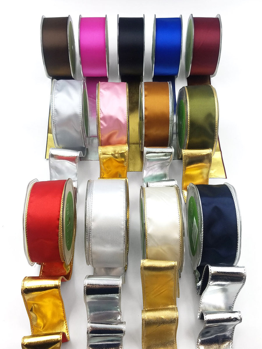 1.5 Inch Satin Metallic Reversible Ribbon with Woven Edge – 428-15-16S Olive/Silver (New) 15yrds