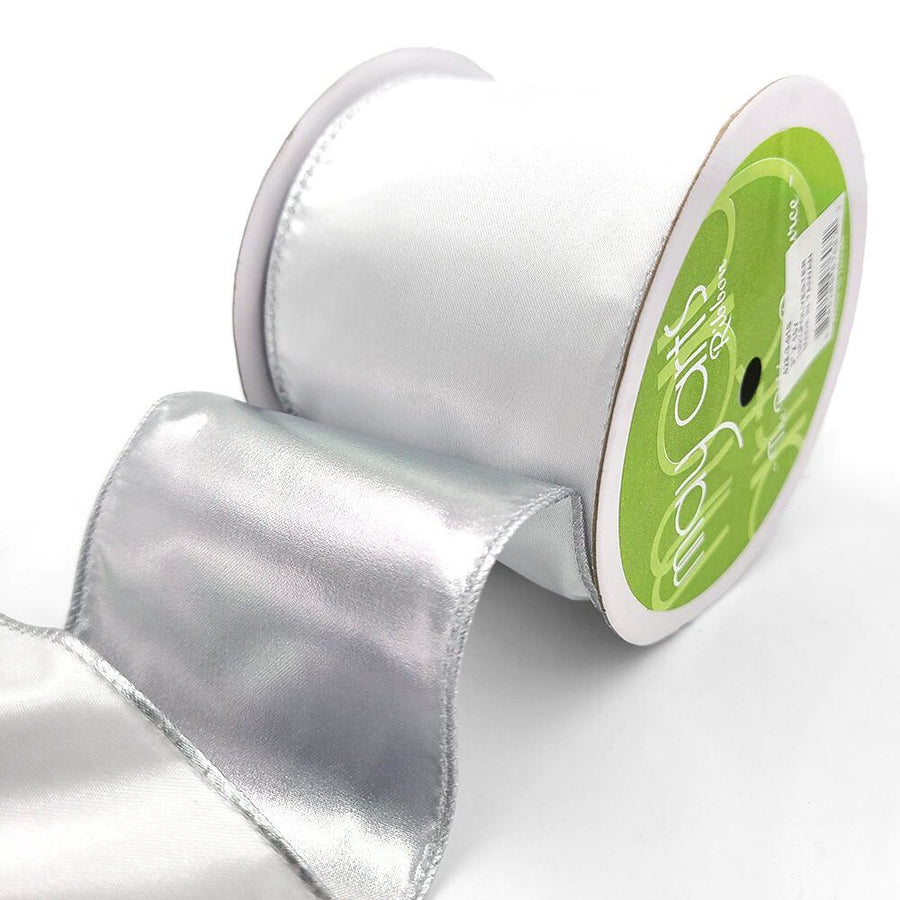 3 Inch Satin Metallic Reversible Ribbon with Wired Woven Edge – 428-3-01S White/Silver