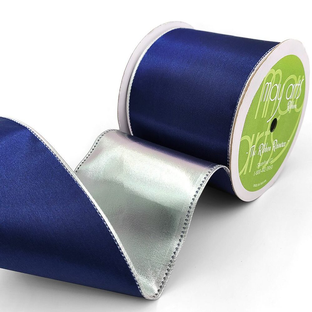 3 Inch Satin Metallic Reversible Ribbon with Wired Woven Edge – 428-3-03S Navy/Silver