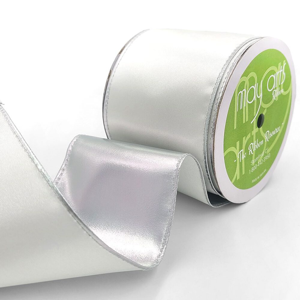 3 Inch Satin Metallic Reversible Ribbon with Wired Woven Edge – 428-3-08S Ivory/Silver