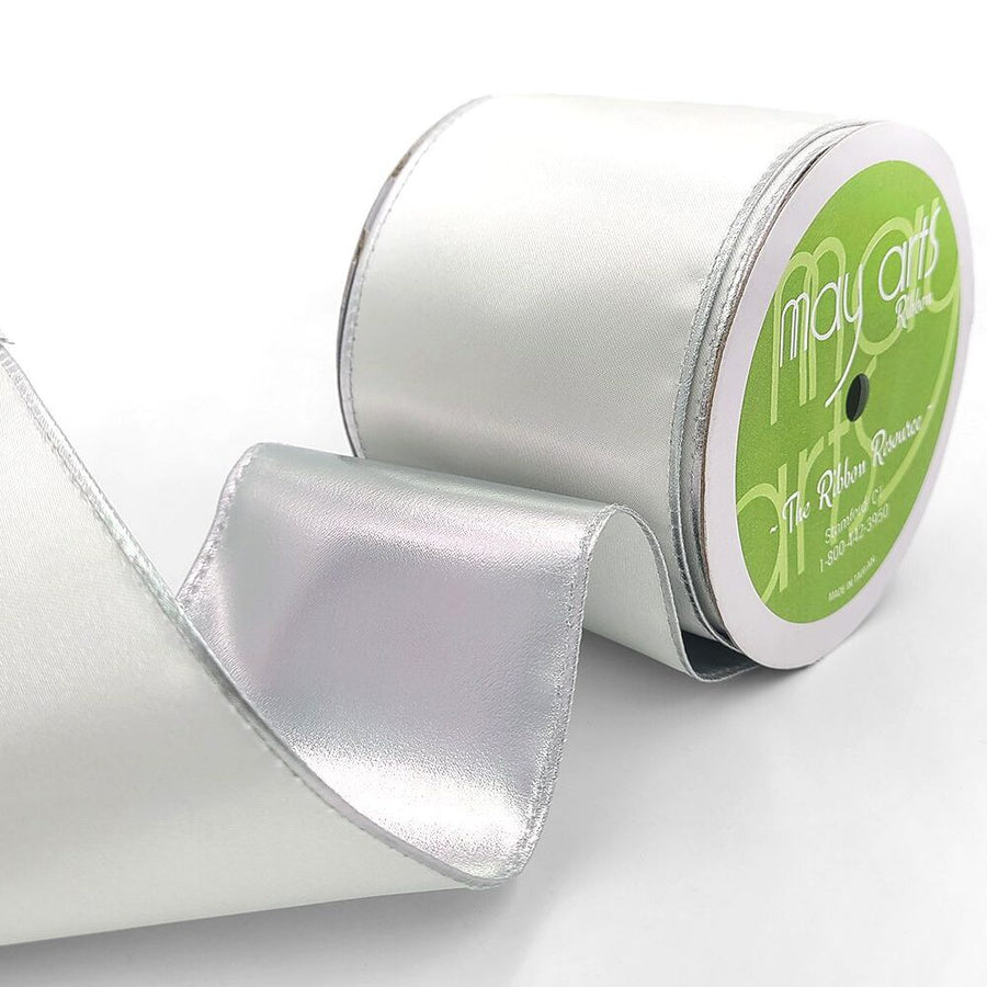 3 Inch Satin Metallic Reversible Ribbon with Wired Woven Edge – 428-3-08S Ivory/Silver