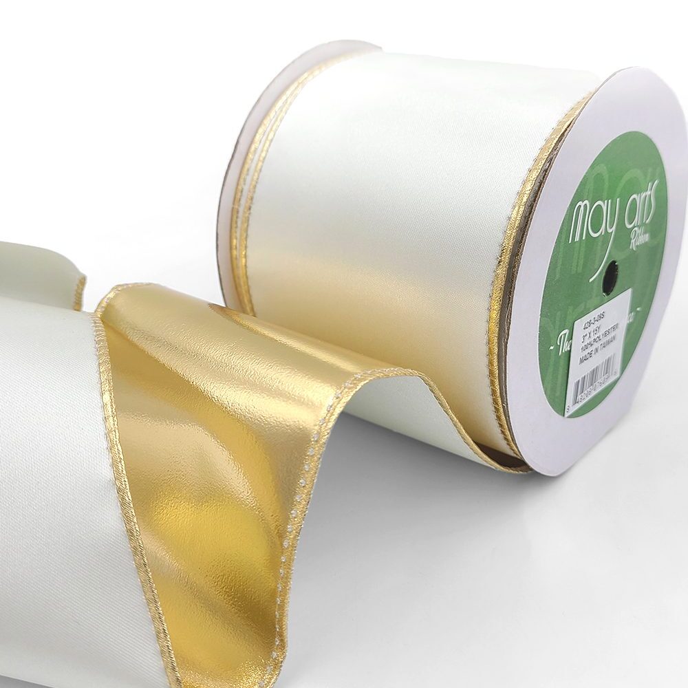 3 Inch Satin Metallic Reversible Ribbon with Wired Woven Edge – 428-3-09S Ivory/Gold