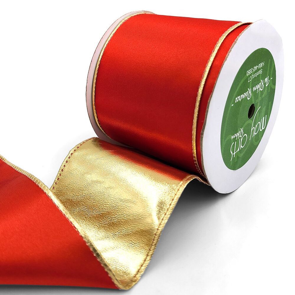 3 Inch Satin Metallic Reversible Ribbon with Wired Woven Edge – 428-3-14S Red/Gold