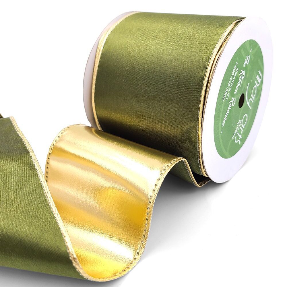 3 Inch Satin Metallic Reversible Ribbon with Wired Woven Edge – 428-3-16S Olive/Gold