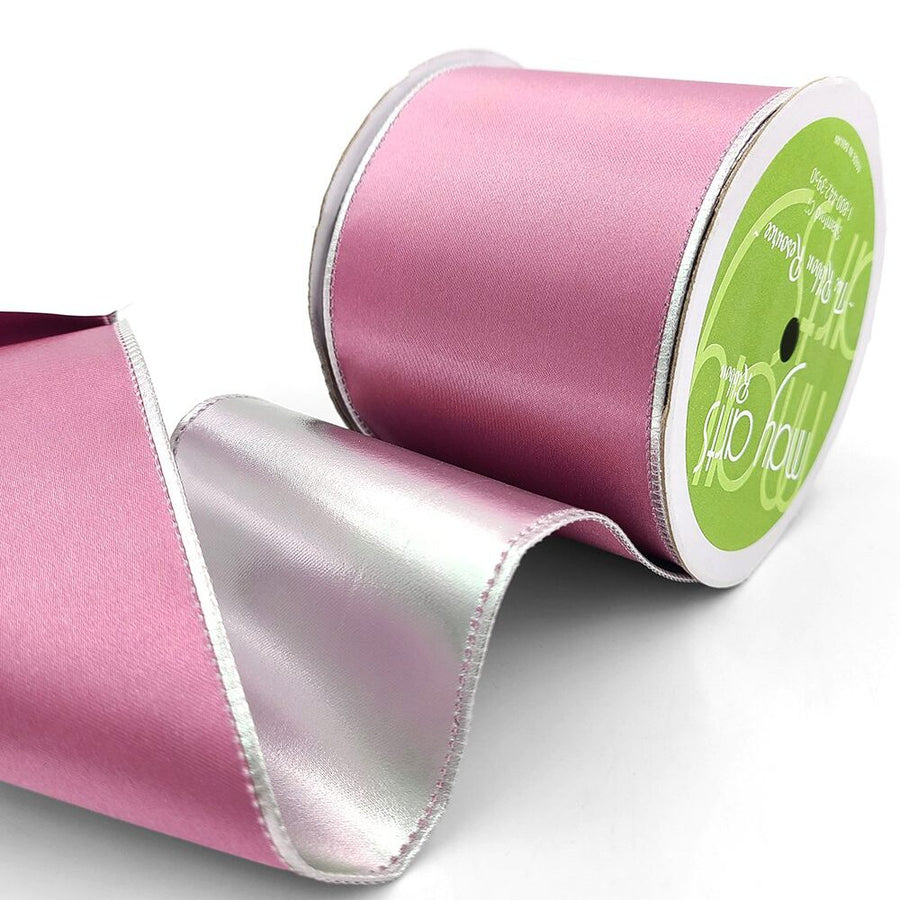 3 Inch Satin Metallic Reversible Ribbon with Wired Woven Edge – 428-3-18S Mauve/Silver