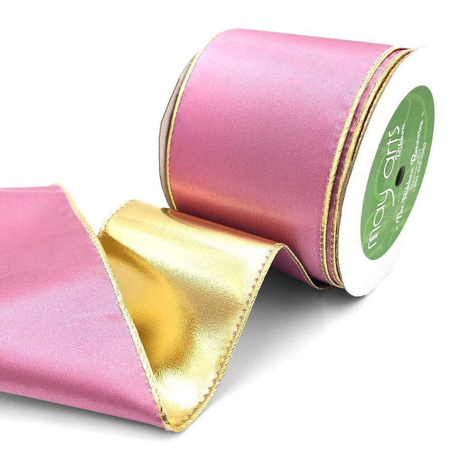 3 Inch Satin Metallic Reversible Ribbon with Wired Woven Edge – 428-3-19S Dusty Pink/Gold