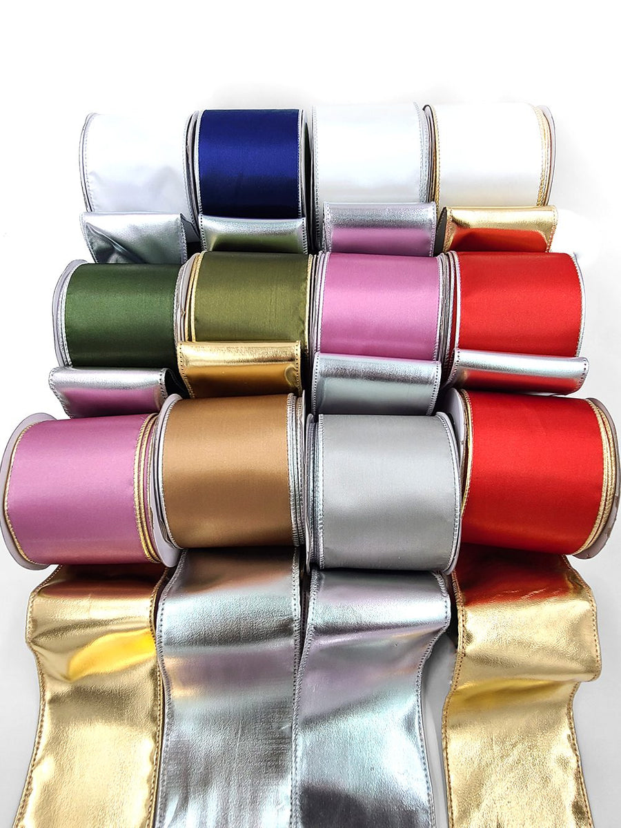 3 Inch Satin Metallic Reversible Ribbon with Wired Woven Edge