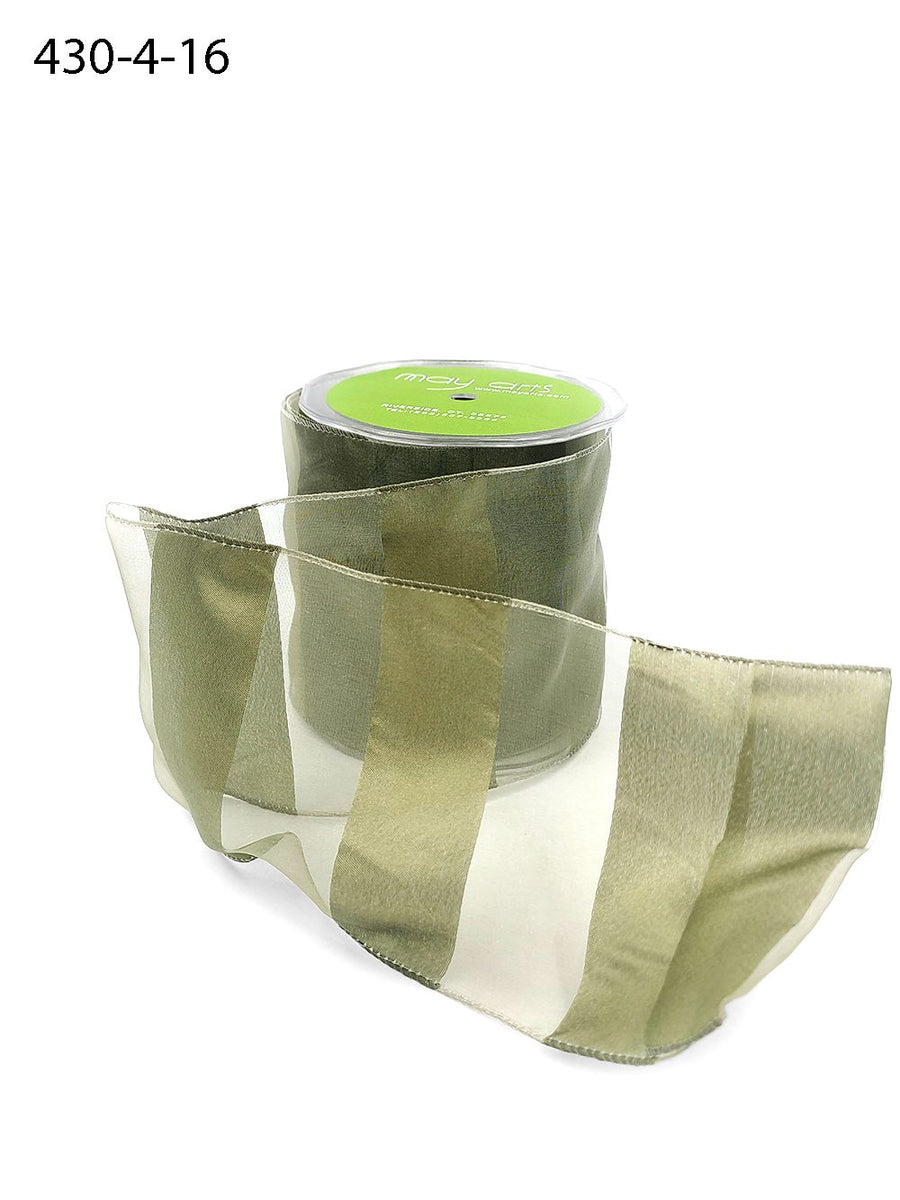 4 Inch Sheer Stripes Ribbon with Wired Edge – 430-4-16 Olive