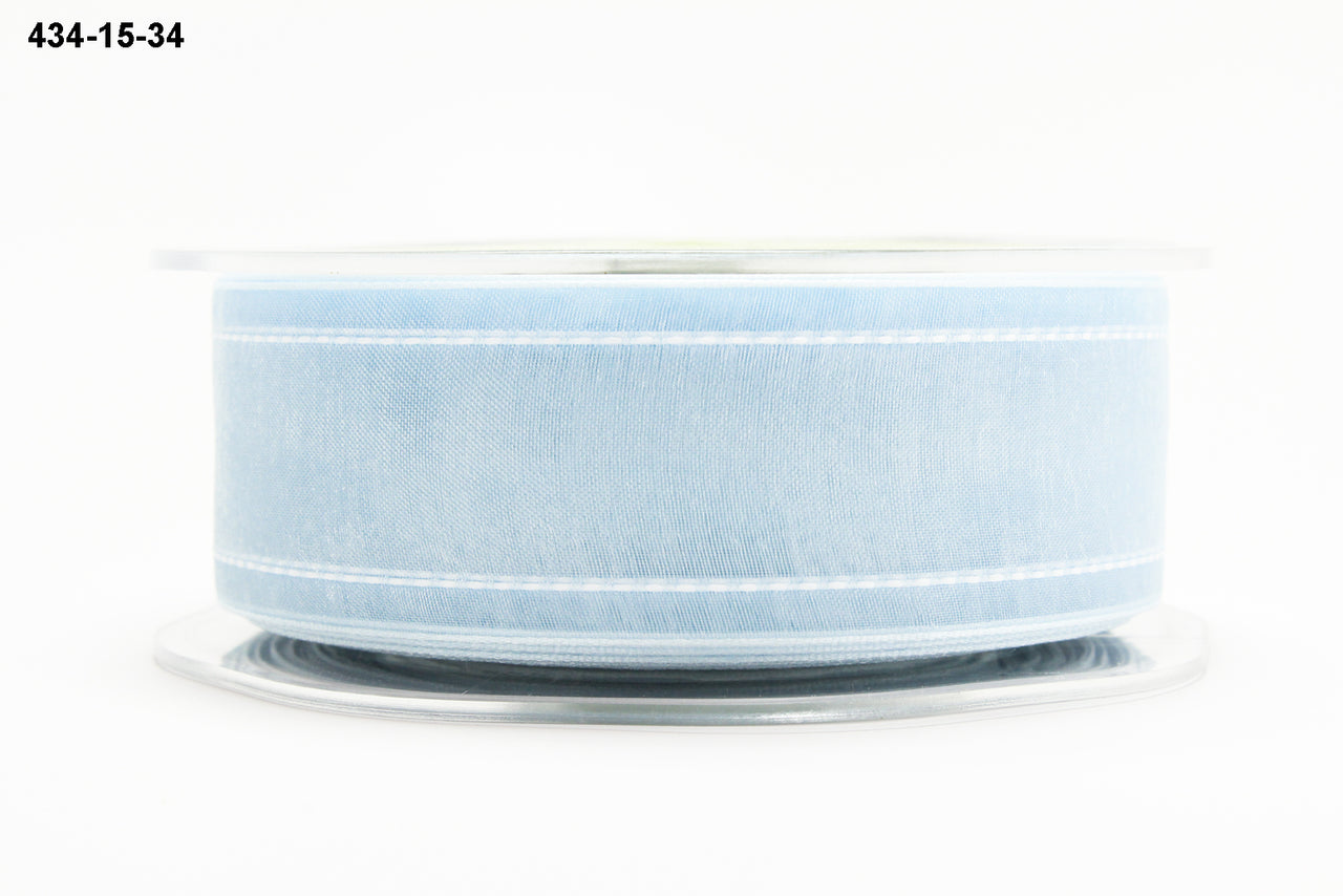 1.5 Inch Sheer Ribbon with Woven White Stitched Edge – 434-15-34 Light Blue