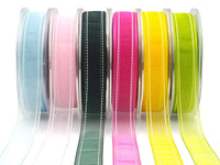 7/8 Inch Sheer Ribbon with Woven White Stitched Edge – 434-78-15 Forest Green
