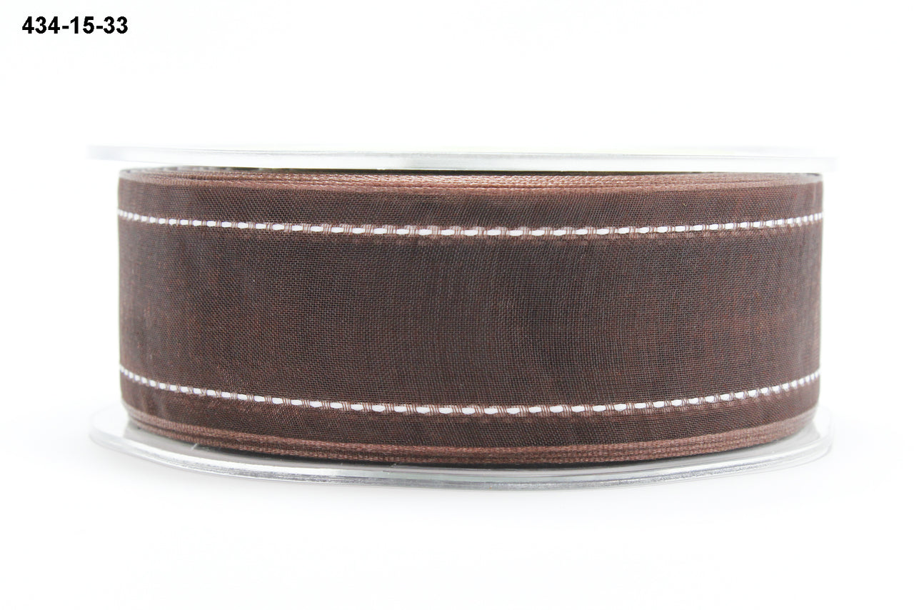 1.5 Inch Sheer Ribbon with Woven White Stitched Edge – 434-15-33 Brown