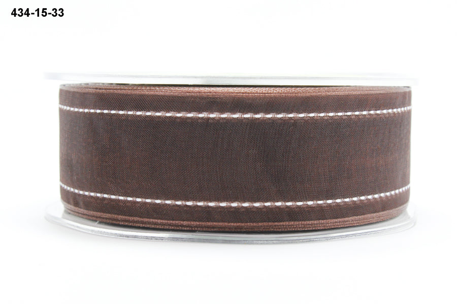 1.5 Inch Sheer Ribbon with Woven White Stitched Edge – 434-15-33 Brown