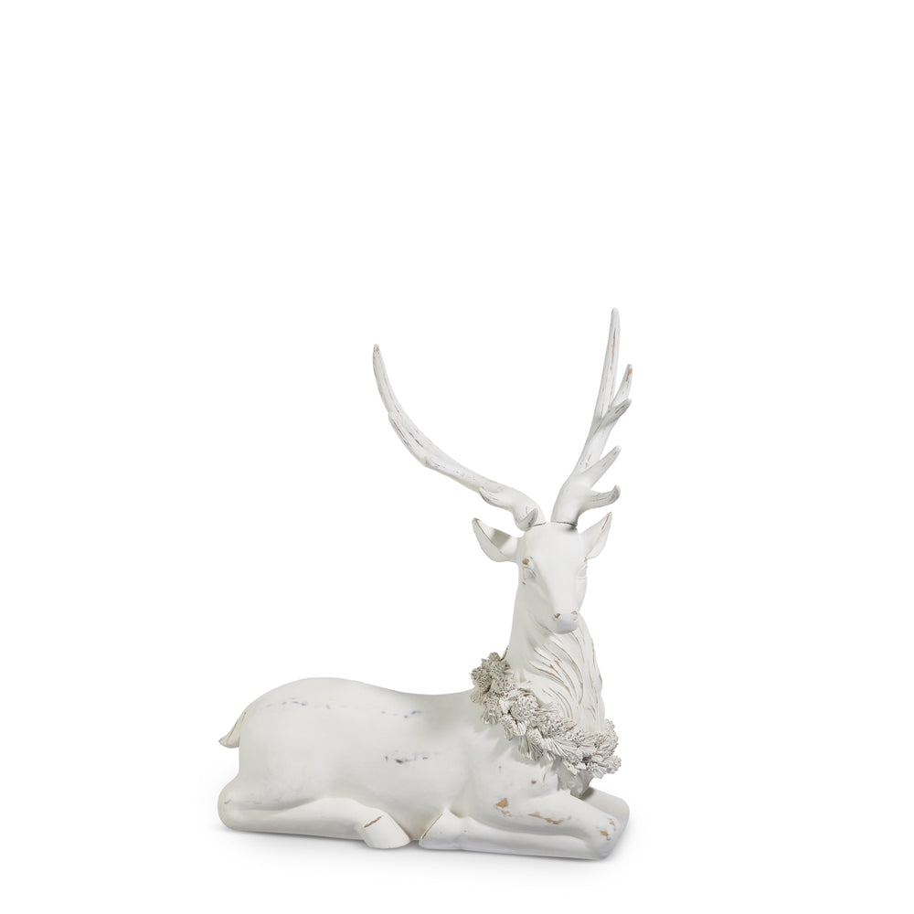 29" White Laying Deer with Holly Wreath