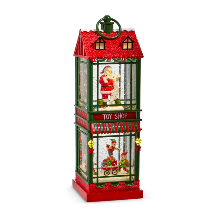 13" Santa and Elves Lighted Water Two Story Toy Shop