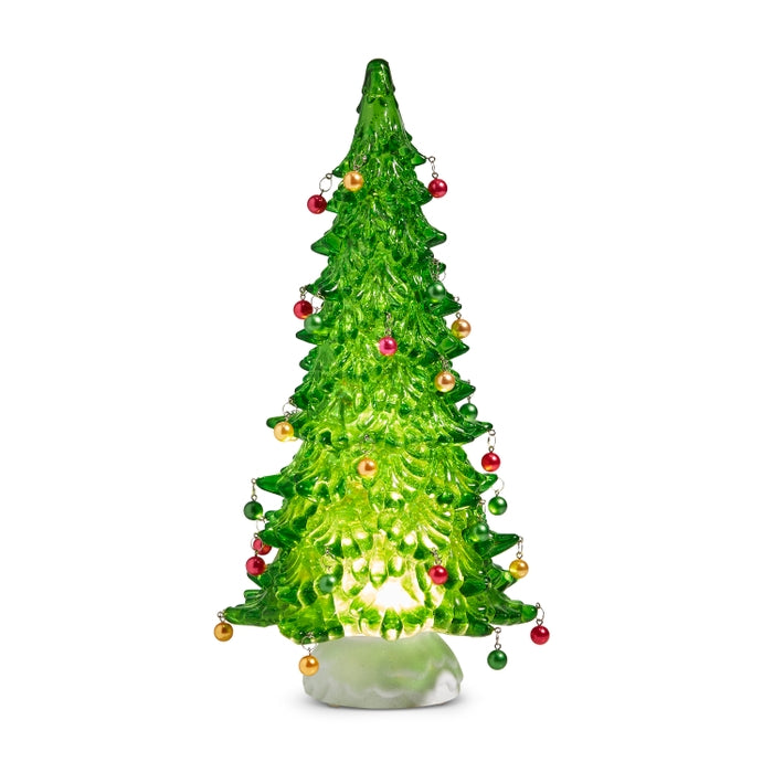 14.5" Lighted Green Tree with Ornaments and Swirling Glitter
