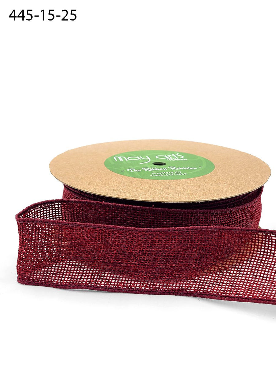 1.5 Inch Faux Burlap Ribbon with Wired Woven Edge – 445-15-25 Burgundy