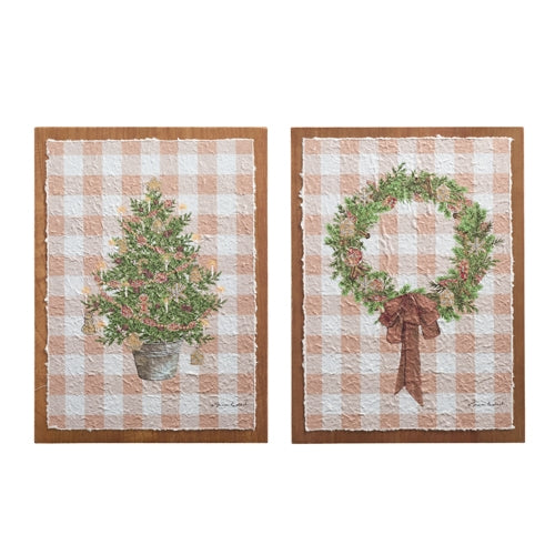 18" Gingerbread Gingham Greenery Textured Paper on Wood Wall Art