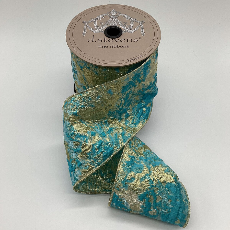 Teal Gold Jacquard Ribbon 4" x 10 Yds
