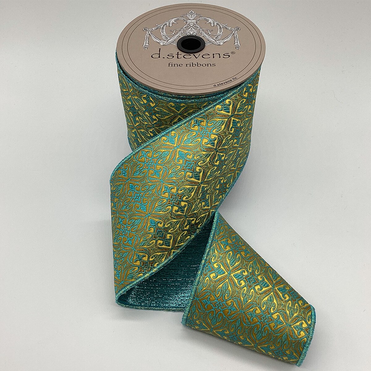 Teal Gold Brocade Jacquard Cross Design Ribbon 4" x 5 Yds