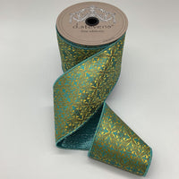 Teal Gold Brocade Jacquard Cross Design Ribbon 4