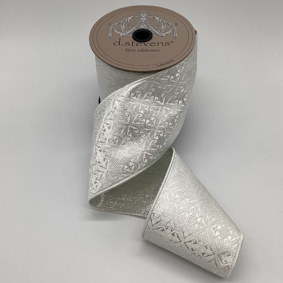 White Brocade Jacquard Cross Design Ribbon 4 Inch x 5 Yds