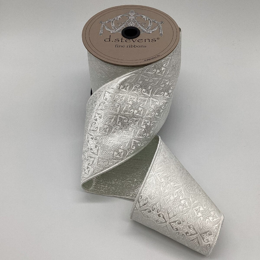 White Brocade Jacquard Cross Design Ribbon 4 Inch x 5 Yds