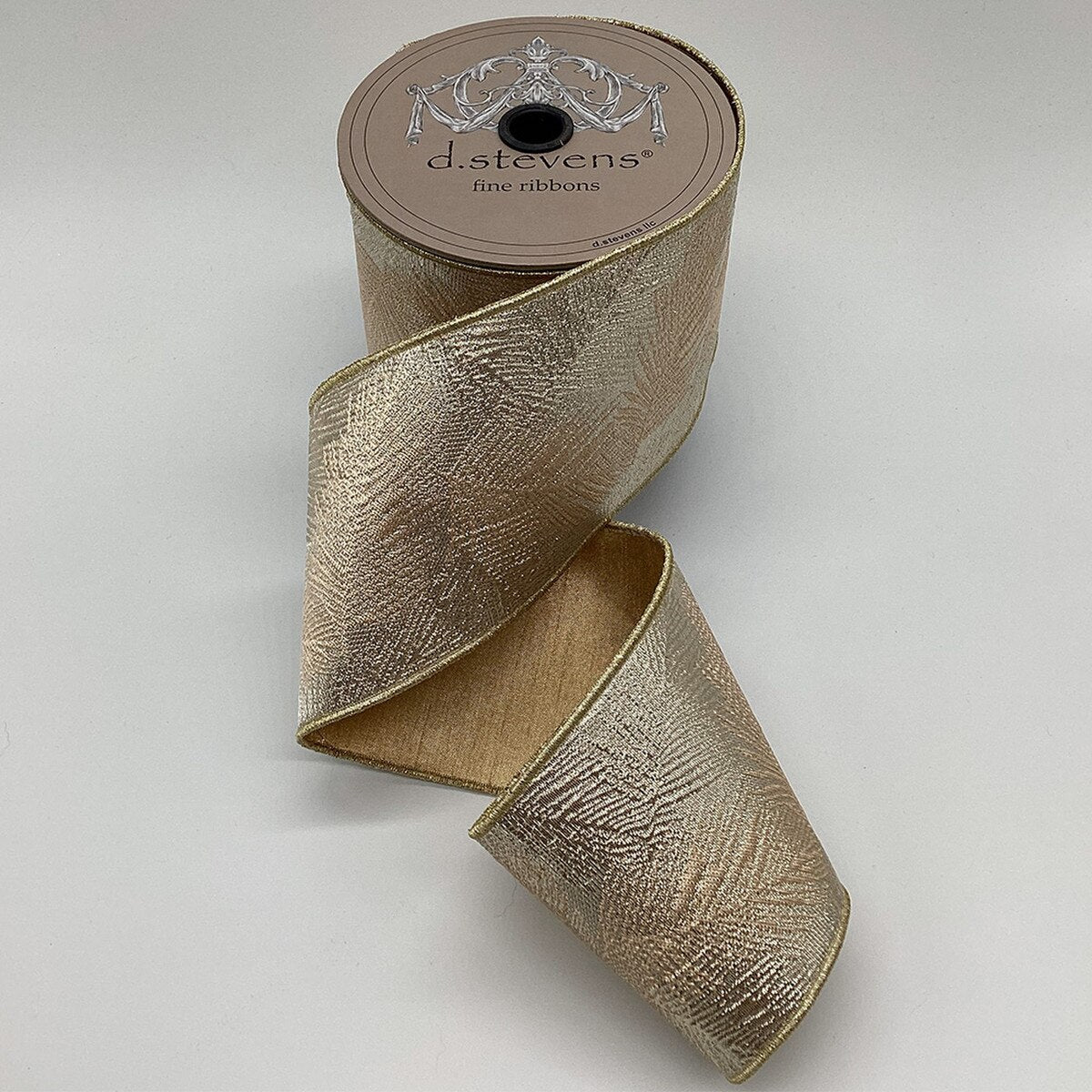 Platinum Gold Metallic Jacquard Palm Fronds Ribbon 4" x 10 Yds