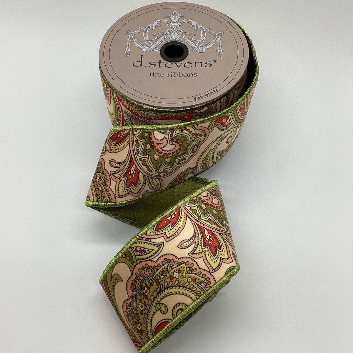 Antique Paisley Green Red Velour Dupion Ribbon 2.5" x 10 Yds