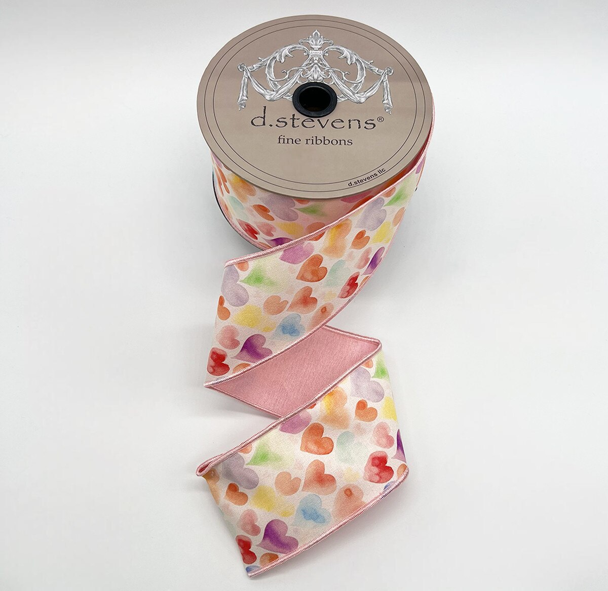 Watercolor Colorful Hearts Ivory Taffeta Ribbon 2.5" x 10 Yds