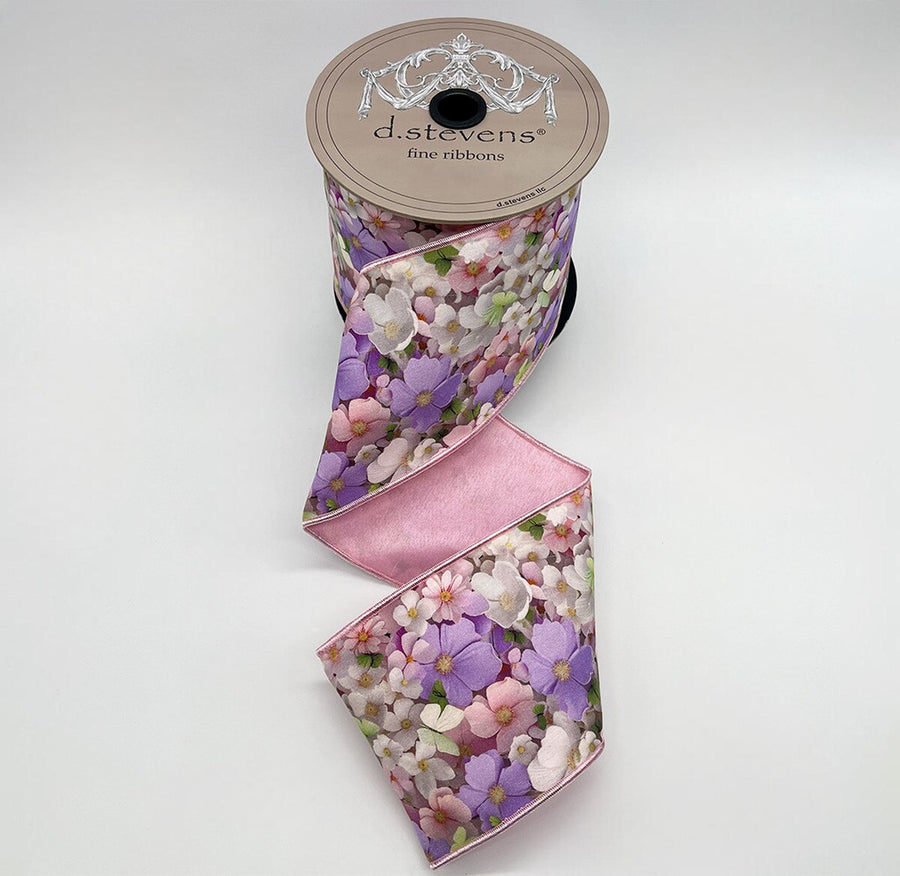 Cosmo Flowers Taffeta Ribbon Pink Lavender Ivory 4" X 10 Yds