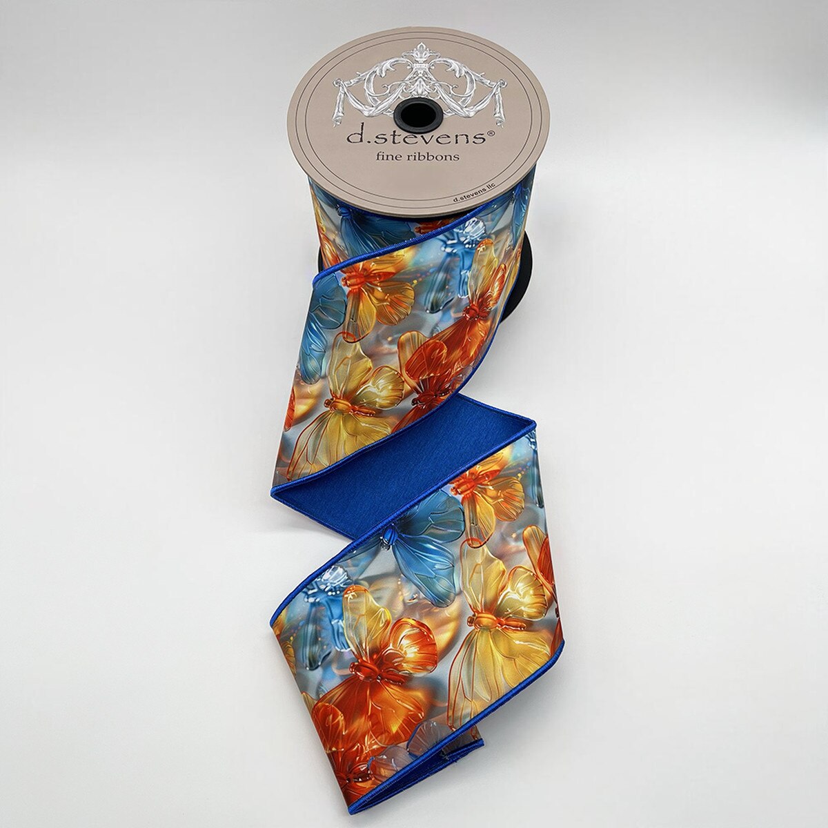 Royal Blue Taffeta Ribbon with Colorful Butterflies 4" x 10 Yds