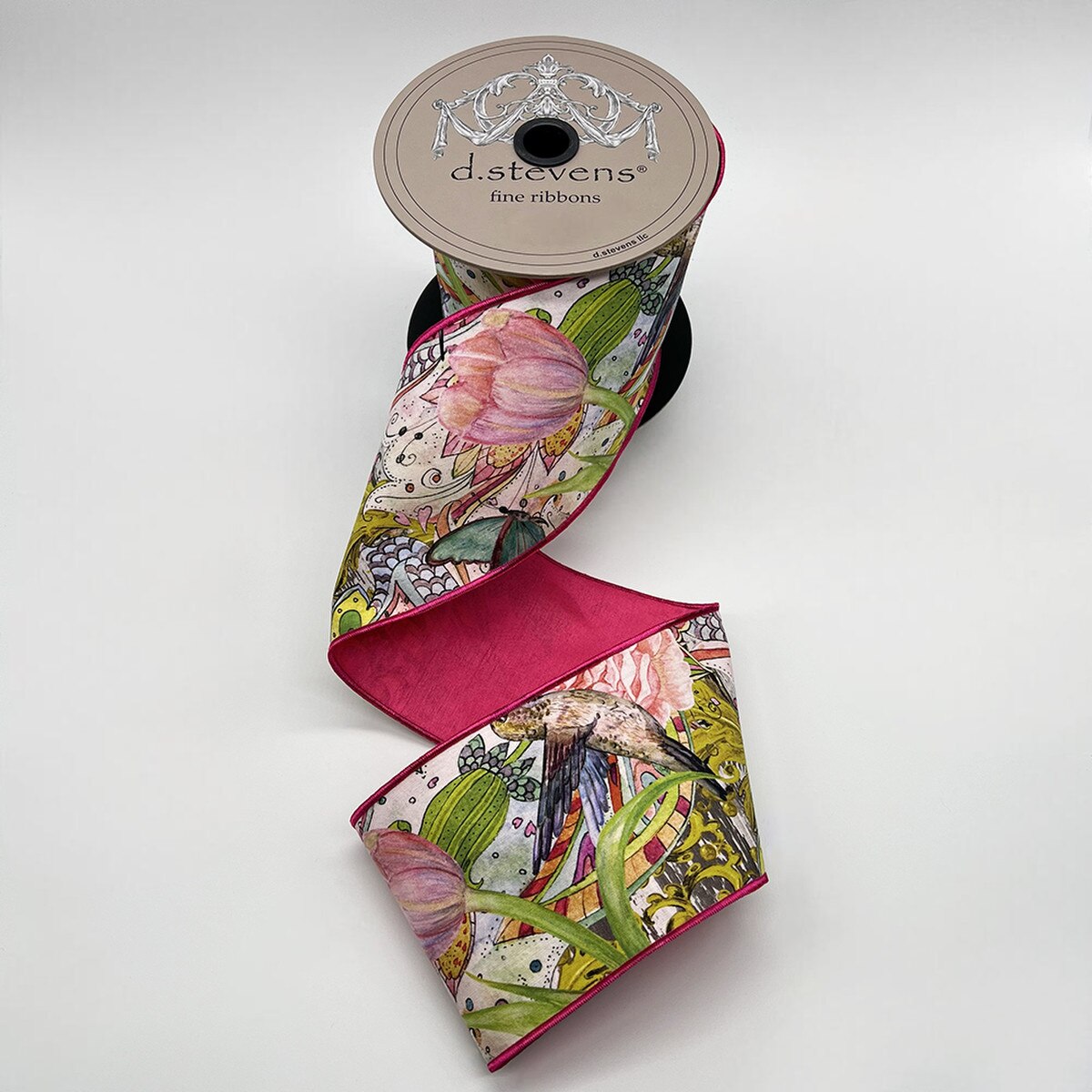 Hot Pink Taffeta Floral Butterfly Bird Ribbon 4" x 10 Yds