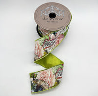 Floral Taffeta Ribbon Lime Pink Aqua Blue 2.5