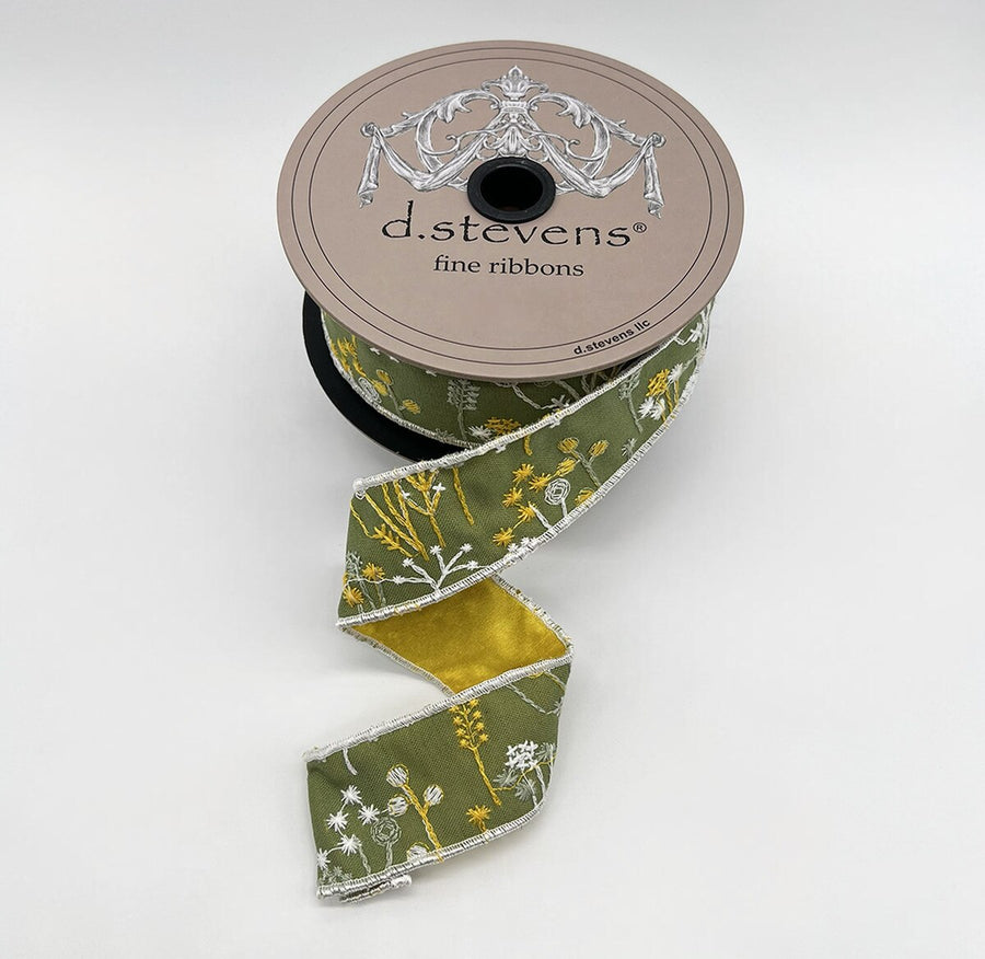 Wildflowers Taffeta Ribbon White Golden Yellow 1.5" x 10 Yds