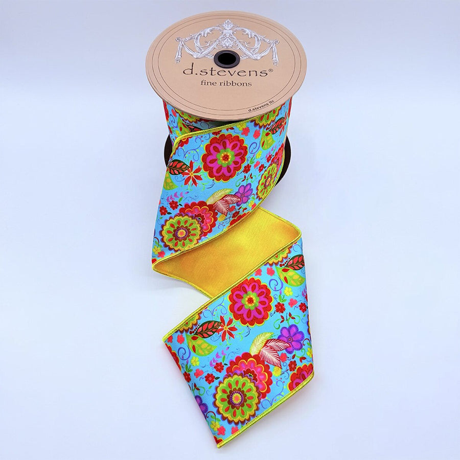Satin Ribbon Aqua Red Purple Floral Collage 4" x 10 Yds