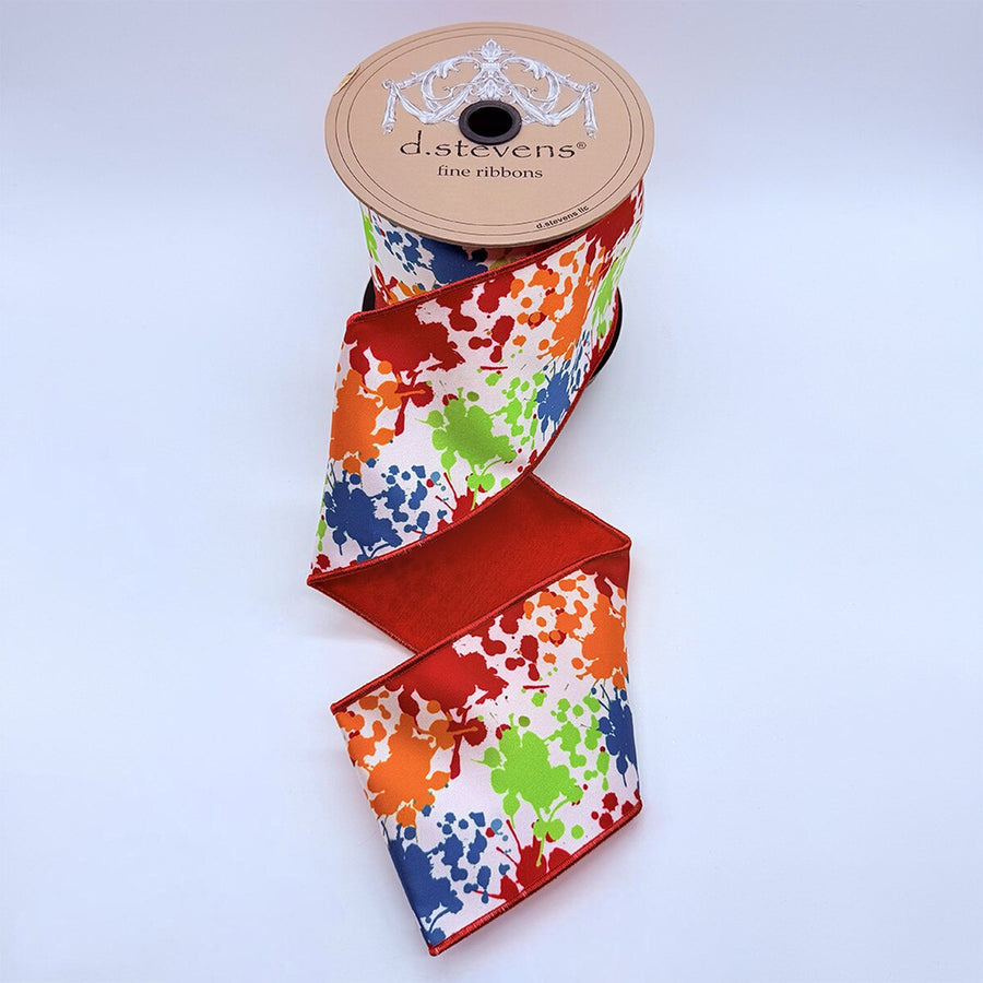 Satin Paint Splatter Ribbon Red Lime Orange 4" x 10 Yds
