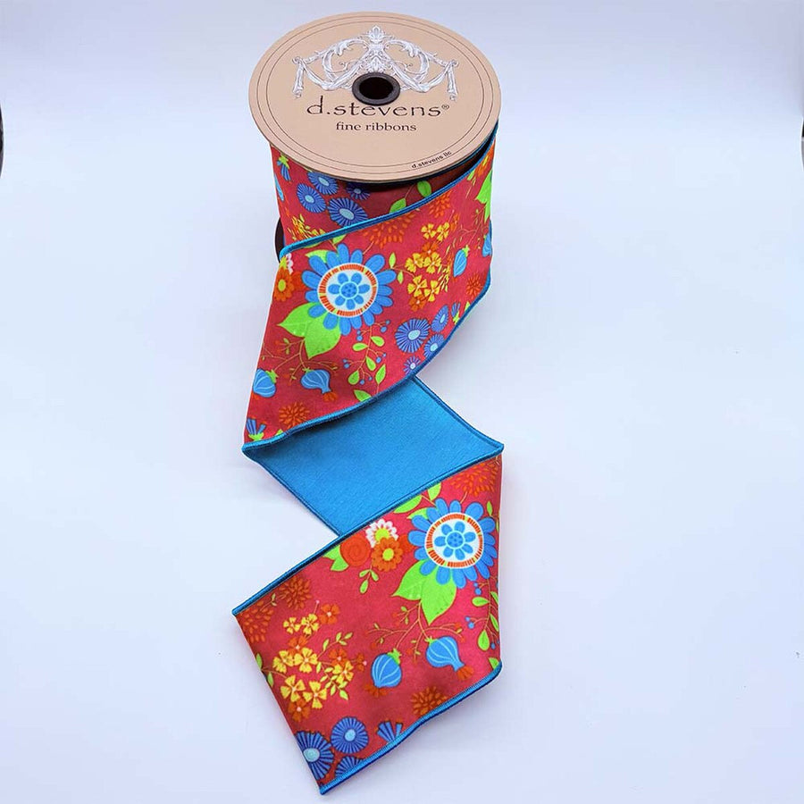 Satin Blue Ribbon with Assorted Flowers and Turquoise Back