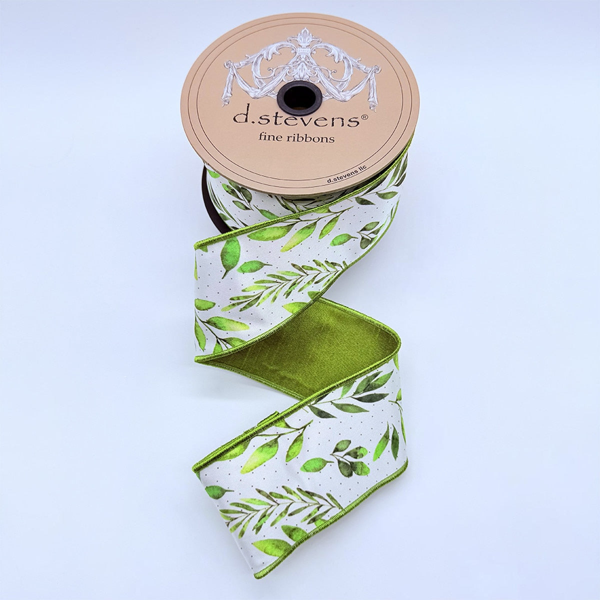 Satin Ribbon White Hunter Green Olive Leaf Motif 2.5" x 10 Yds