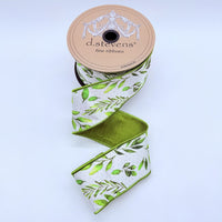 Satin Ribbon White Hunter Green Olive Leaf Motif 2.5