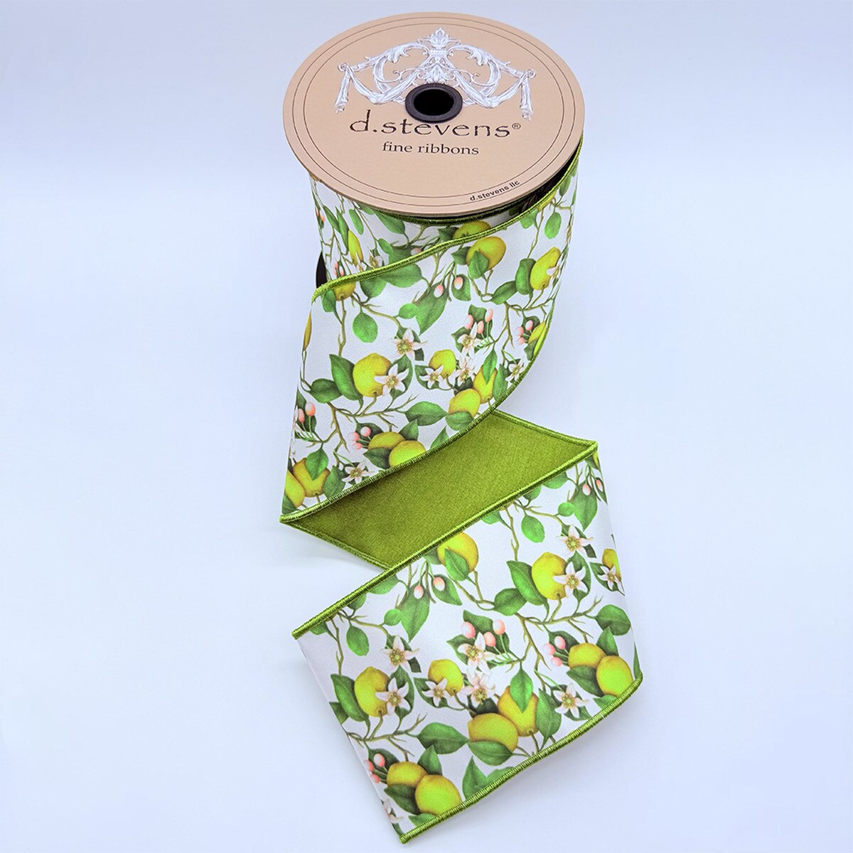 Satin Ribbon Yellow Green White Lemons And Blossoms 4" x 10 Yds